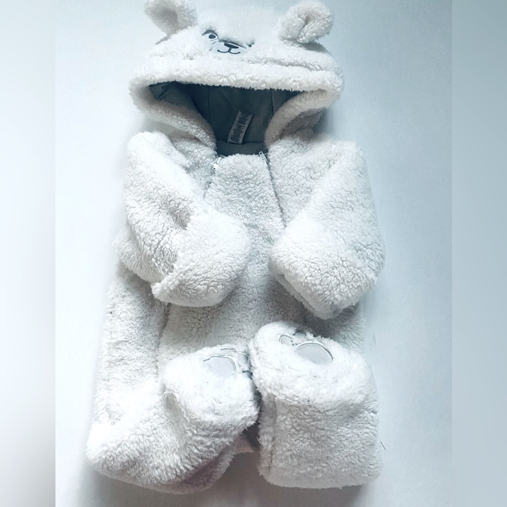 Little Me White  teddy bear onesie with hoody . Lined. Baby fashion sz 6-9M